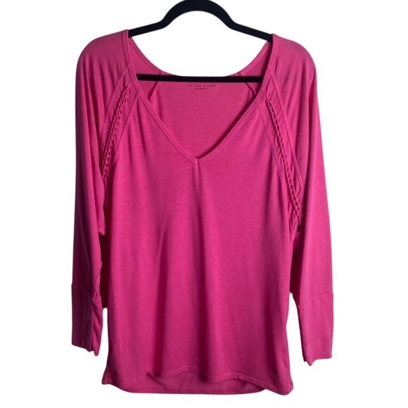 Trina Turk Recreation Size L Pink V Neck Long Sleeve Top Casual Stretch Barbie - Picture 1 of 8
